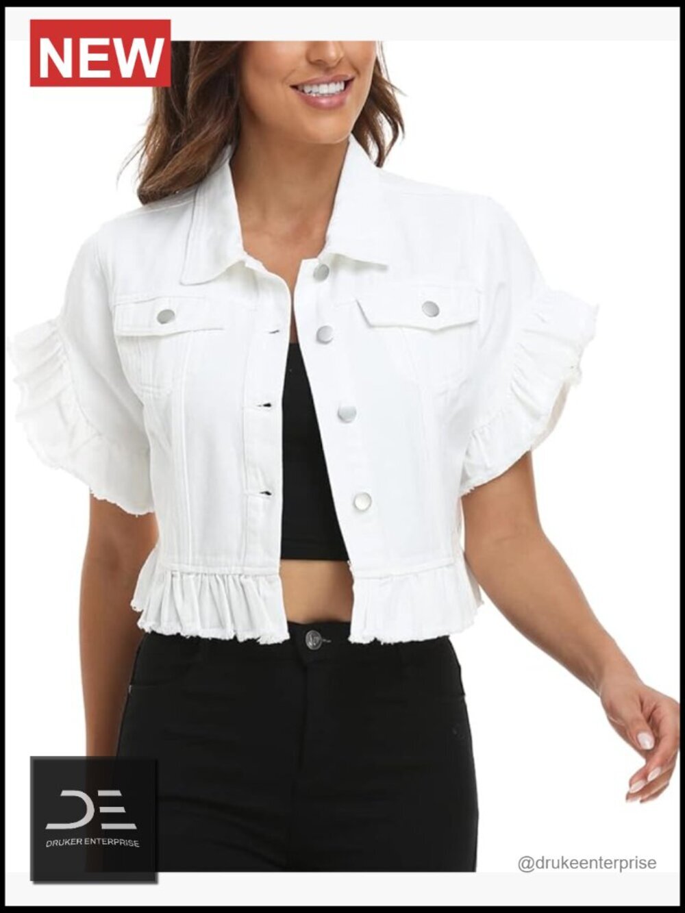 Cropped Denim Jacket Ruffle Sleeve Button Down Distressed Summer Jean Jacket